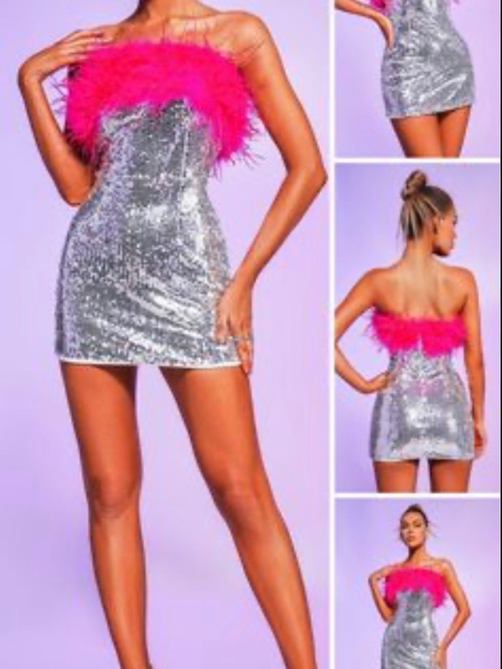 NADINE MERABI Silver Sequin Dress with Hot Pink Feather Trim
